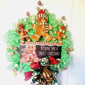 Christmas Gingerbread Cookie Wreath Deco Mesh Bow Gumdrops